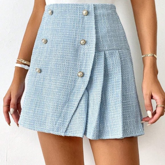 Light Blue Preppy Womens Pleated Fake Button Tweed Skirt - Picture 5 of 5